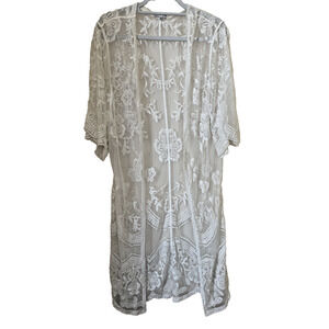 Woven Heart Cream Color Kimono Large Duster Lace Embroidered Boho Beach